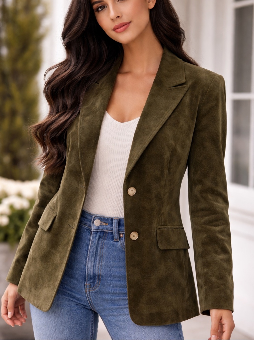 Lord & Taylor Olive Green Suede Leather Jacket size medium